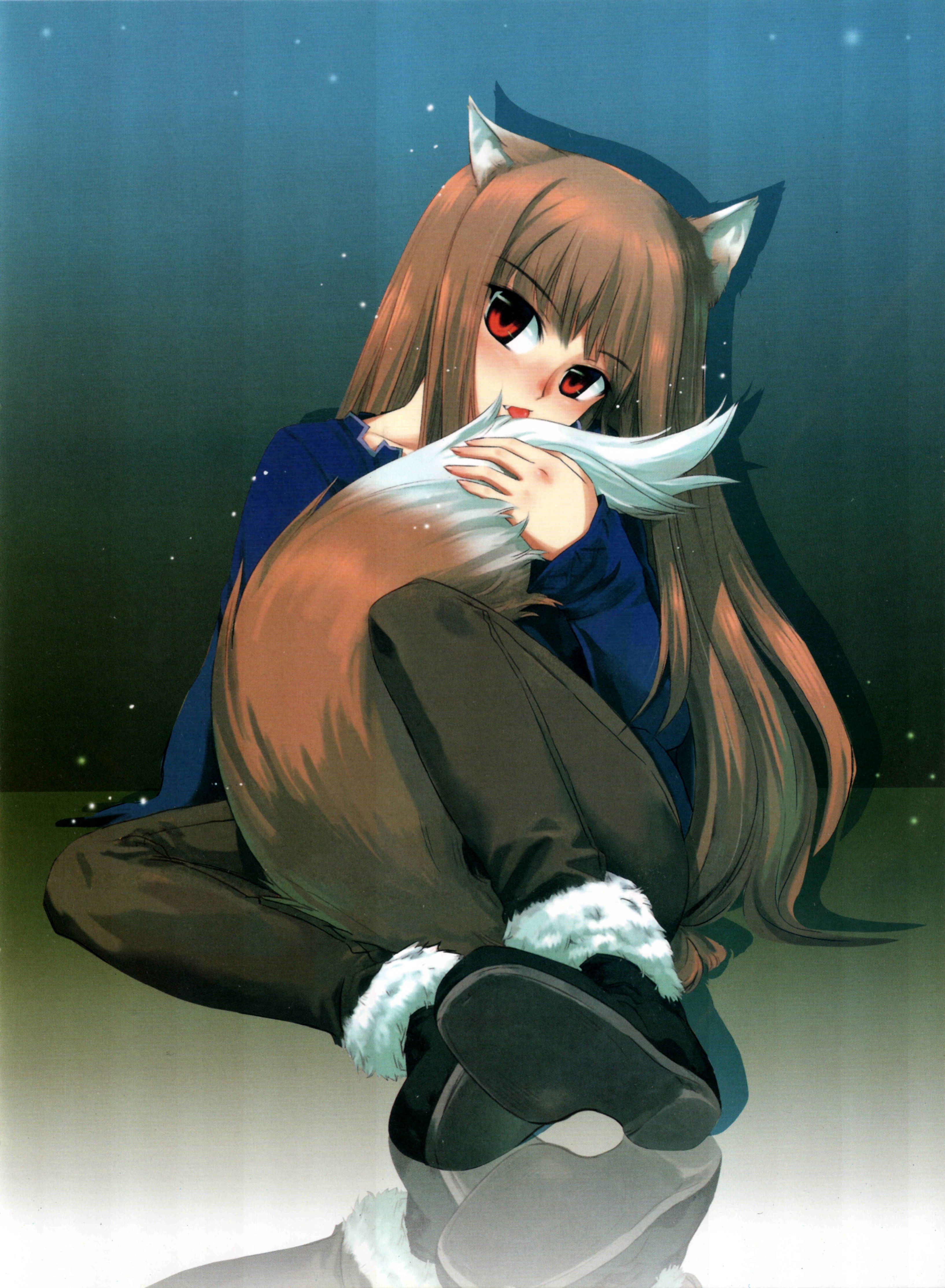 koume keito, holo, spice and wolf, licking tail, absurdres, highres, official art, scan, 00s, 1girl, animal ears, arm support, bag, between legs, black boots, blunt bangs, blush, boots, brown hair, brown pants, collarbone, fang, fang out, female focus, foreshortening, full body, fur-trimmed boots, fur trim, head tilt, holding own tail, long hair, long sleeves, looking at viewer, nose blush, pants, purple shirt, red eyes, reflection, reflective floor, shirt, simple background, sitting, solo, straight hair, tail, tail between legs, tongue, tongue out, very long hair, wolf ears, wolf tail