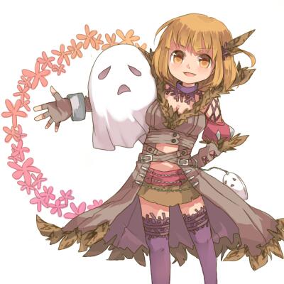kawachi (hina), shadow chaser (ragnarok online), whisper (ragnarok online), ragnarok online, commentary request, lowres, 1girl, blonde hair, breasts, brown coat, brown gloves, coat, cowboy shot, fingerless gloves, fur-trimmed coat, fur trim, ghost, gloves, looking at viewer, medium breasts, miniskirt, open clothes, open coat, open mouth, red skirt, sheet ghost, short hair, simple background, skirt, smile, solo, white background, yellow eyes