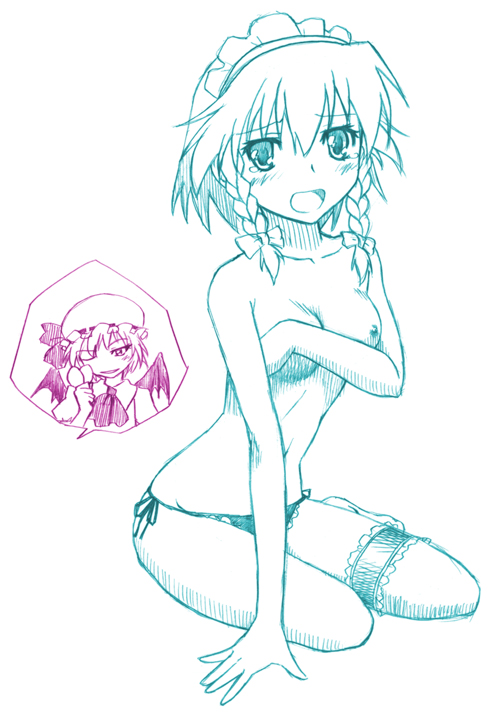 fumotono mikoto, izayoi sakuya, remilia scarlet, touhou, 2girls, blush, braid, breast padding, breasts, female focus, hat, monochrome, multiple girls, multiple monochrome, nipples, panties, ribbon, simple background, topless female, underwear, white background