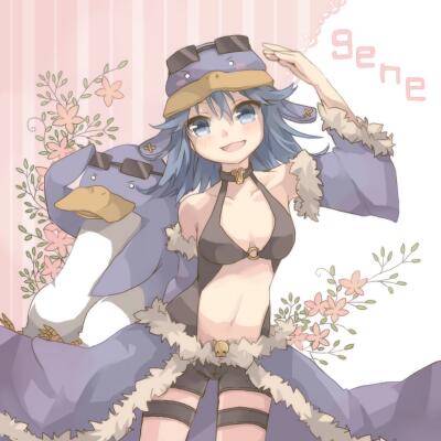 kawachi (hina), galapago (ragnarok online), stalker (ragnarok online), ragnarok online, commentary request, lowres, 1girl, black shorts, black tank top, blue cape, blue eyes, blue hair, blue sleeves, breasts, cape, clothing cutout, cowboy shot, detached sleeves, fur-trimmed cape, fur-trimmed sleeves, fur trim, galapagos penguin, hat, long hair, looking at viewer, medium breasts, navel, open mouth, penguin hat, short shorts, shorts, smile, solo, stomach cutout, sunglasses, tank top, waist cape