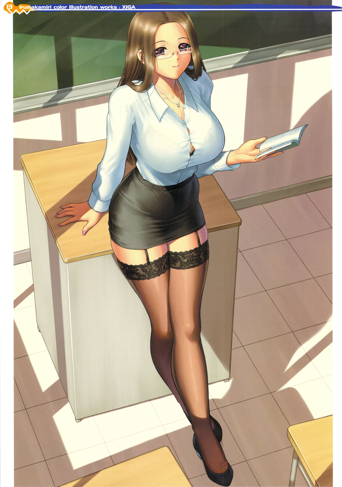 iruma kamiri, original, lace-trimmed legwear, highres, 1girl, bra, bra visible through clothes, breasts, brown eyes, brown hair, bursting breasts, classroom, desk, female focus, from above, full body, garter belt, garter straps, glasses, huge breasts, indoors, jewelry, lace, lace trim, large breasts, leaning, legs, lingerie, looking up, mature female, nail polish, necklace, notebook, pencil skirt, podium, purple nails, school, school desk, see-through clothes, skirt, smile, solo, teacher, thighhighs, underwear