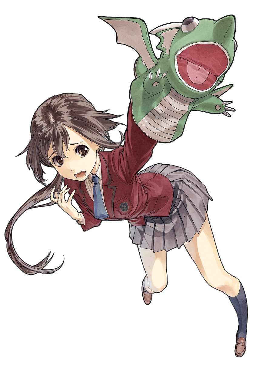 shimotsuki eight, original, highres, 1girl, brown eyes, brown hair, dragon, female focus, from above, hand puppet, legs, long hair, necktie, open mouth, puppet, school uniform, skirt, socks, solo