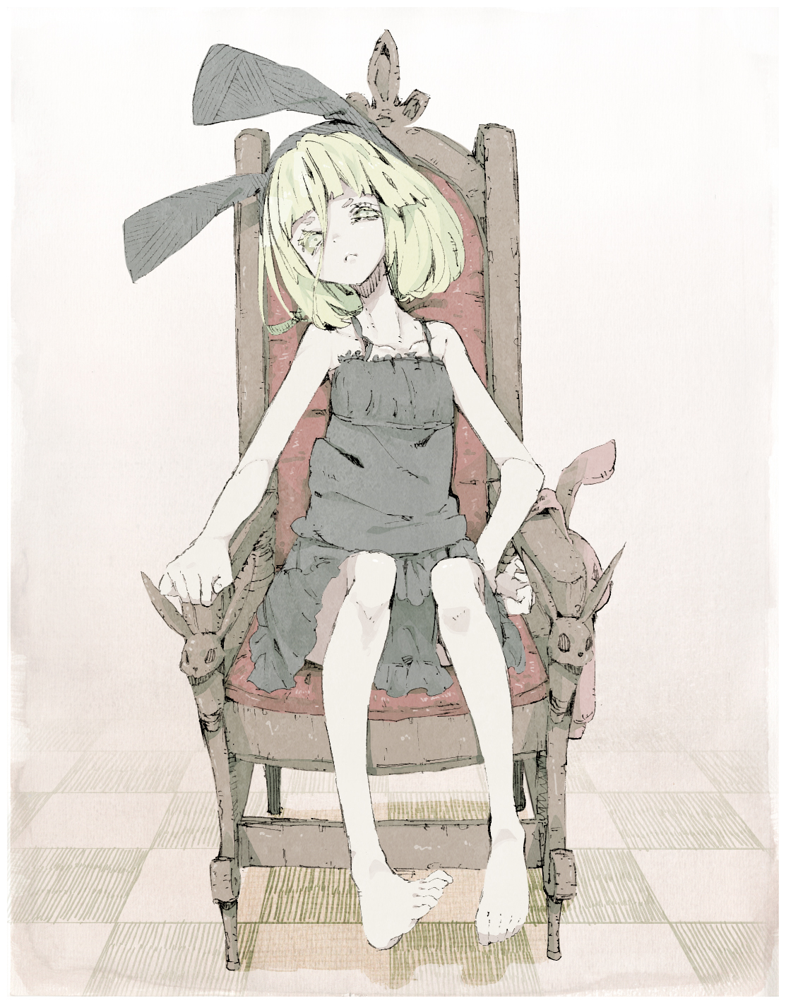 abara heiki, original, highres, 1girl, animal ears, barefoot, blonde hair, child, dress, feet, female focus, flat chest, rabbit ears, short hair, sitting, solo