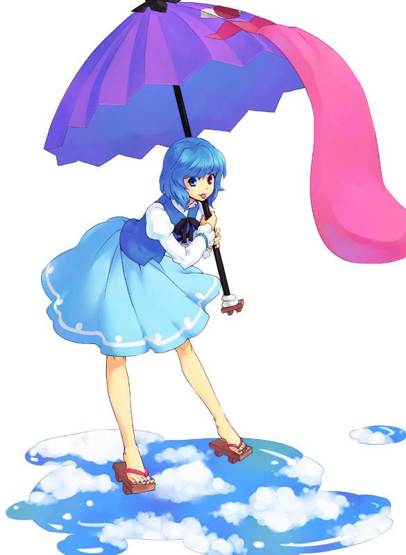 kinuko, kinuko (artist), tomobe kinuko, tatara kogasa, touhou, 1girl, :p, blue eyes, blue hair, blue nails, female focus, geta, heterochromia, karakasa obake, matching hair/eyes, nail polish, puddle, red eyes, reflection, sandals, short hair, solo, toenail polish, toenails, tongue, tongue out, umbrella