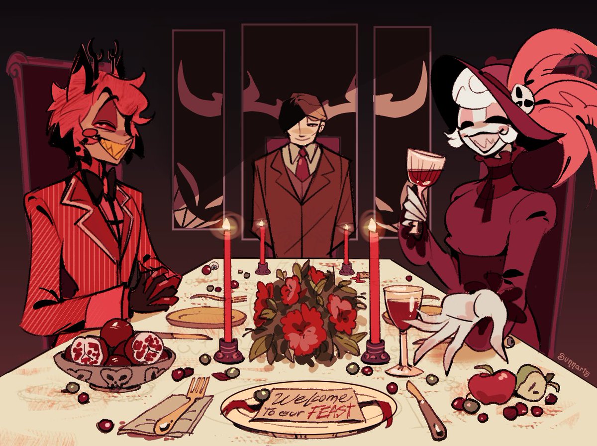 alastor (hazbin hotel), hannibal lecter, rosie (hazbin hotel), hannibal (tv series), hazbin hotel, hellaverse, commentary, 1girl, 2boys, black pants, collared shirt, crossover, dress, food, long dress, looking at viewer, multiple boys, pants, pink shirt, red dress, red hair, sharp teeth, shirt, short hair, sunnarts, teeth, white hair