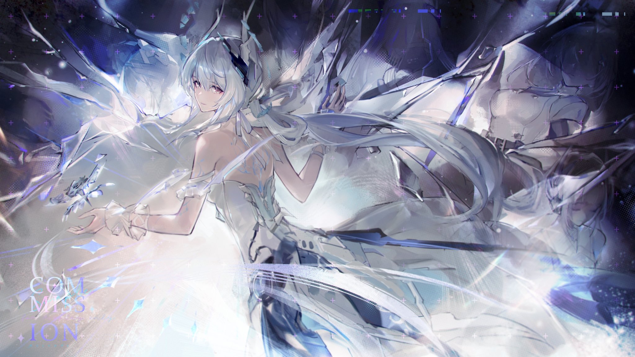 zeyal li hai, liv: eclipse (pgr), liv: empyrea (pgr), liv (pgr), punishing: gray raven, commentary request, highres, 1girl, bare shoulders, broken glass, glass, hair between eyes, light smile, looking at viewer, looking back, medium hair, purple eyes, reflection, solo, watermark, white hair, wrist cuffs