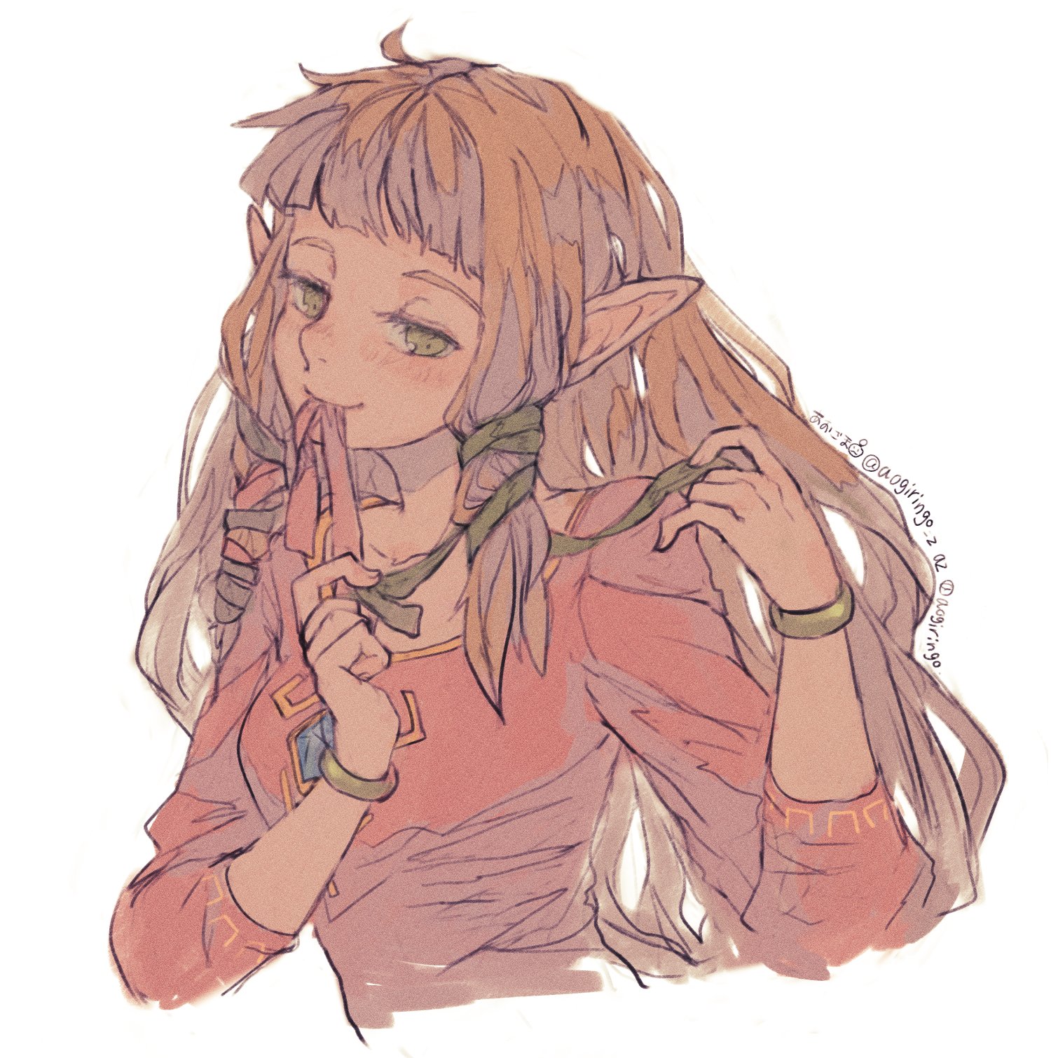 aogoma, princess zelda, nintendo, the legend of zelda, the legend of zelda: skyward sword, commentary, highres, symbol-only commentary, 1girl, blonde hair, blunt bangs, blush, breasts, cropped torso, dress, gold trim, green ribbon, hair ribbon, half-closed eyes, long hair, medium breasts, mouth hold, pink dress, pink ribbon, pointy ears, ribbon, ribbon in mouth, sidelocks, smile, solo, twintails, upper body, white background