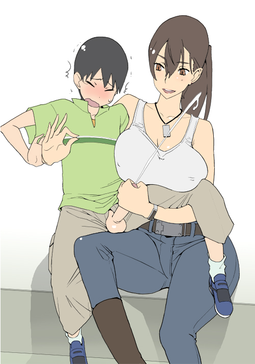 ogata mamimi, kusanabe mari, onozawa yuuki, tokyo magnitude 8.0, bad id, bad pixiv id, 00s, 1boy, 1girl, age difference, blush, breasts, brown hair, cum, ejaculation, erection, handjob, hetero, huge breasts, jewelry, large breasts, long hair, mature female, necklace, nipple stimulation, nipple tweak, nipples, onee-shota, penis, shota, smile, tank top, uncensored