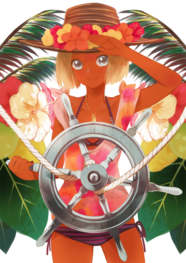 komagarita, komagata, original, bad id, bad pixiv id, 1girl, bikini, blonde hair, cowboy shot, dark-skinned female, dark skin, female focus, flower, hat, hat flower, hibiscus, jewelry, looking at viewer, necklace, rope, salute, short hair, side-tie bikini bottom, smile, solo, steering wheel, striped bikini, striped clothes, swimsuit, tan