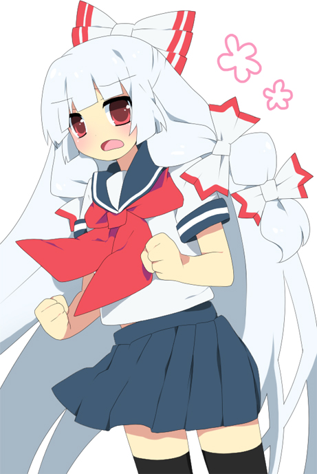 soranagi, fujiwara no mokou, touhou, silver hair, bad id, bad pixiv id, 1girl, alternate costume, female focus, hair ribbon, long hair, pleated skirt, red eyes, ribbon, school uniform, simple background, skirt, solo, thighhighs, white background