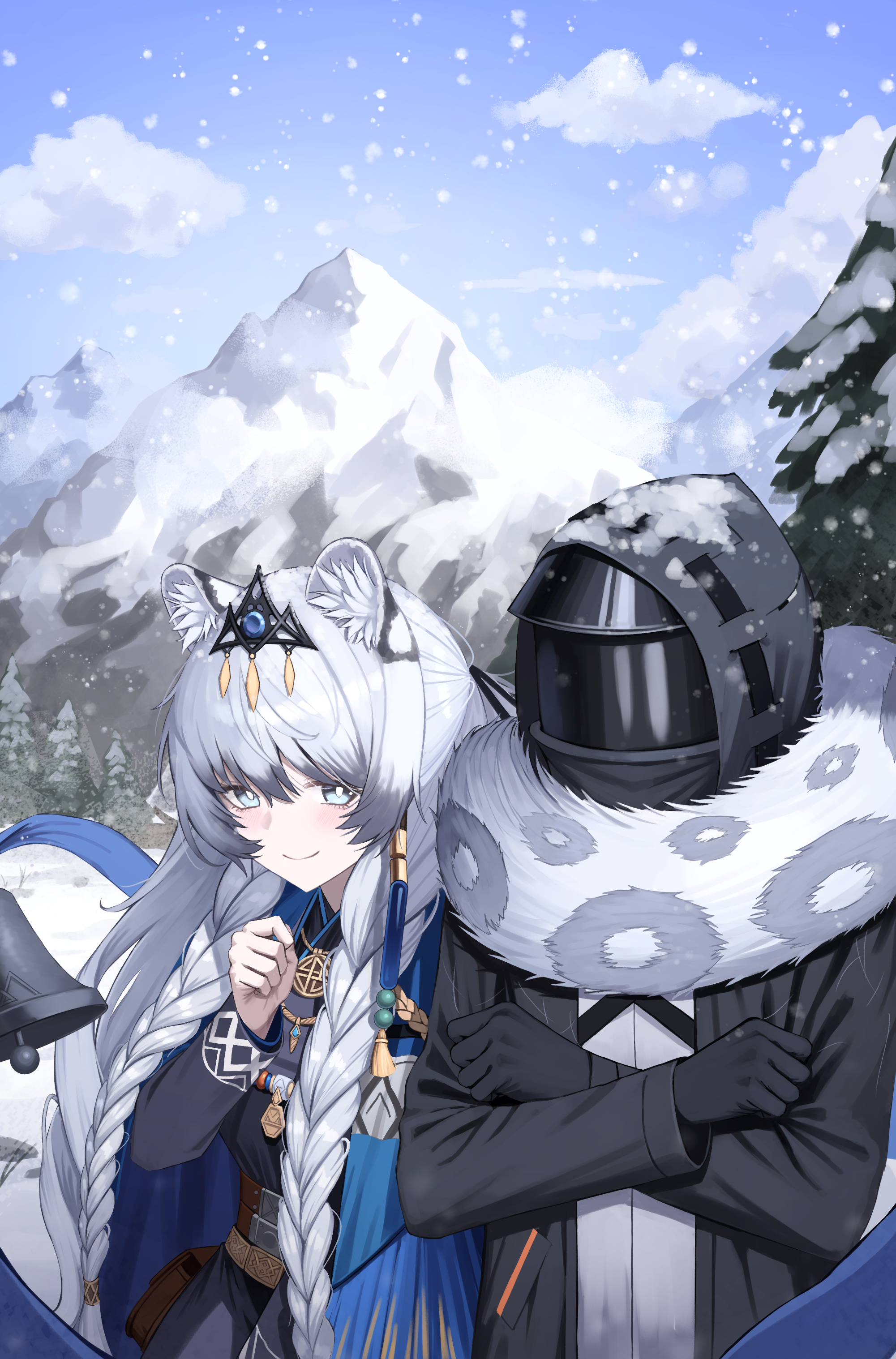 kimsuwan2013, doctor (arknights), pramanix (arknights), arknights, absurdres, commentary, english commentary, highres, 1girl, 1other, animal ears, black gloves, black jacket, braid, bright pupils, gloves, grey eyes, grey hair, hood, hood up, hooded jacket, jacket, leopard ears, leopard tail, long hair, mountain, smile, snow, tail, tail around neck, twin braids