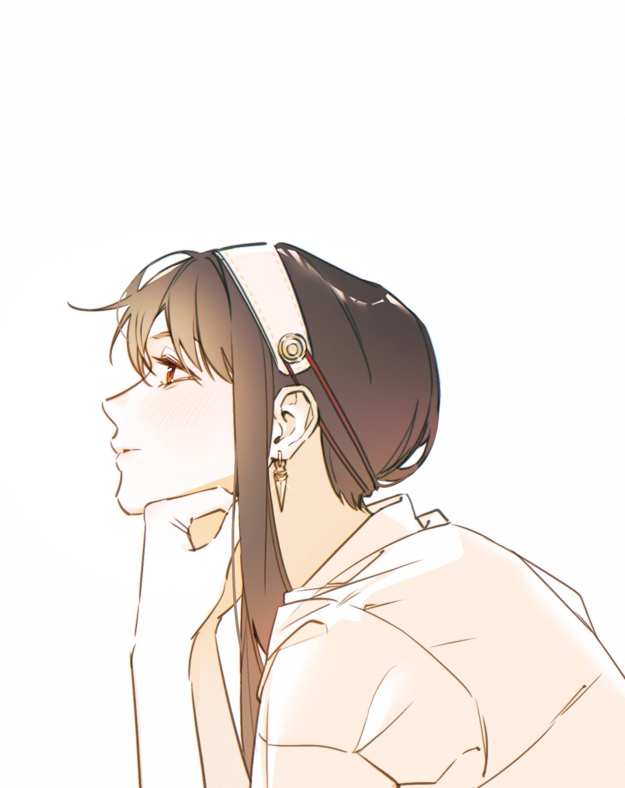 ideksams, yor briar, spy x family, commentary, derivative work, highres, symbol-only commentary, 1girl, black hair, collared shirt, earrings, gold earrings, hair between eyes, hairband, head on hand, head on hands, jewelry, long hair, looking at another, profile, red eyes, shirt, sidelocks, solo, updo, upper body, white background, white hairband, white shirt