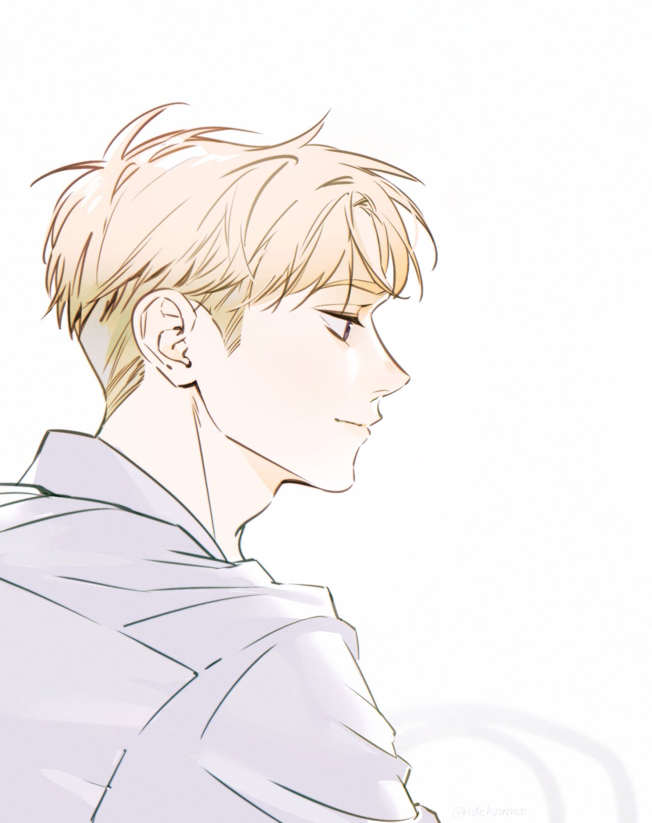 ideksams, twilight (spy x family), spy x family, commentary, derivative work, highres, symbol-only commentary, 1boy, blonde hair, closed mouth, collared shirt, looking at another, male focus, parted bangs, profile, shirt, short hair, sideburns, solo, upper body, white background, white shirt