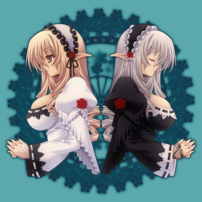 hakoiri nyanko, original, 2girls, blonde hair, breasts, curly hair, elf, flower, gothic lolita, grey hair, large breasts, lolita fashion, long hair, multiple girls, pointy ears, siblings, sisters, twins