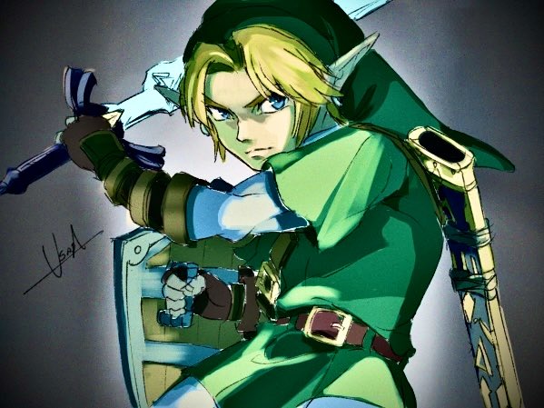 link, nintendo, the legend of zelda, the legend of zelda: ocarina of time, 1boy, belt, blue eyes, brown belt, brown gloves, cowboy shot, earrings, fighting stance, furrowed brow, gloves, green hat, green tunic, hat, holding, holding shield, holding sword, holding weapon, jewelry, male focus, msk3284tloz, parted bangs, phrygian cap, pointy ears, sheath, shield, short hair, signature, solo, sword, tunic, weapon