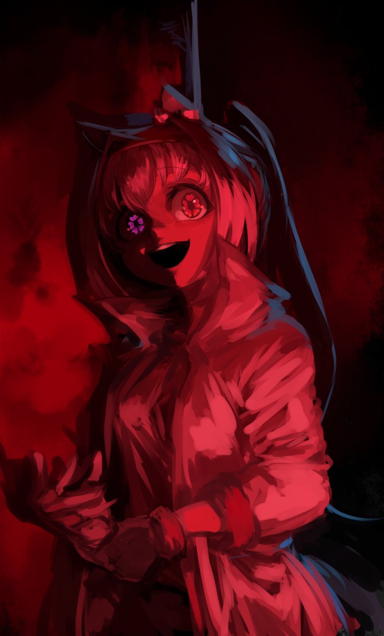 inishie kumo, haru urara (bestest prize) (umamusume), haru urara (umamusume), umamusume, commentary request, highres, 1girl, animal ears, bandaid, bandaid on leg, bow, buruma, ear bow, ear covers, flower-shaped pupils, flower in eye, gloves, hairband, headband, horse ears, horse girl, horse tail, jacket, long hair, looking at viewer, open mouth, partially colored, pink buruma, pink eyes, pink headband, ponytail, red buruma, red gloves, red headband, shirt, smile, solo, symbol-shaped pupils, symbol in eye, tail