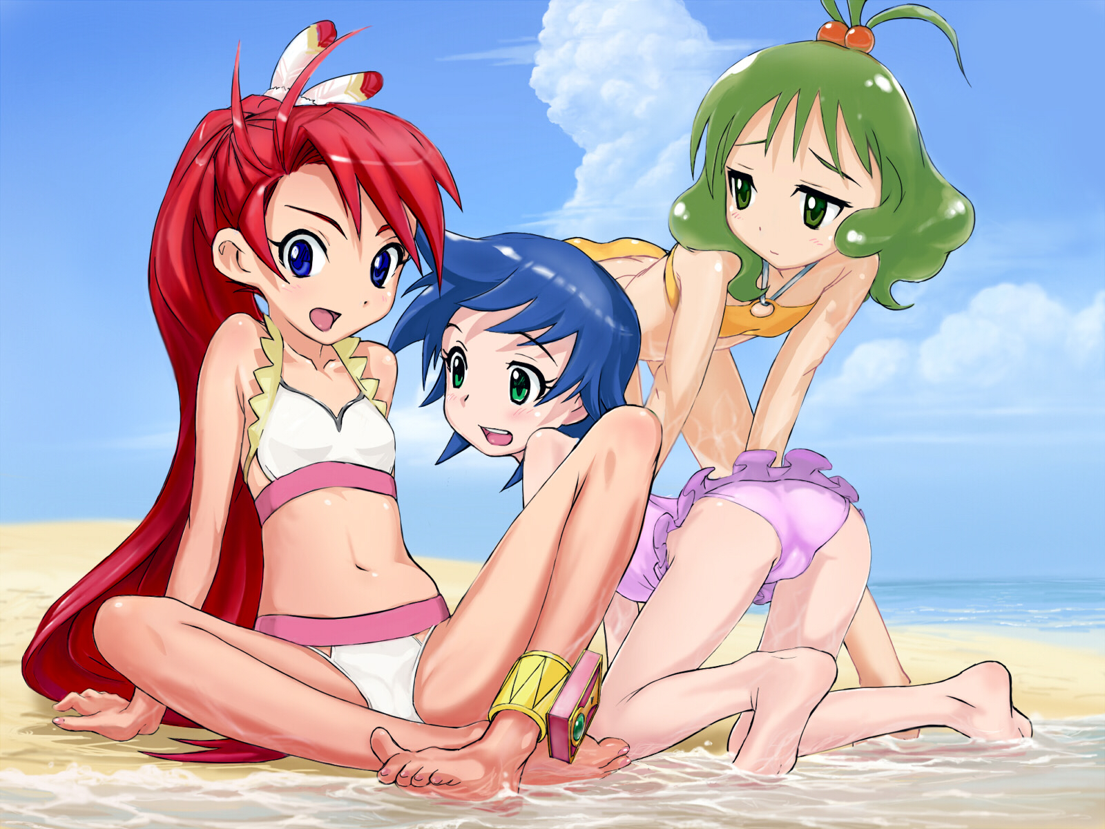 shikkaku, amao miru, kozeri ai, oozora suzume, live on cardliver kakeru, highres, 3girls, all fours, ass, barefoot, beach, bikini, blue eyes, blue hair, blush, day, feathers, feet, flat chest, green eyes, green hair, legs, loli, long hair, multiple girls, open mouth, outdoors, red hair, short hair, sitting, soles, swimsuit