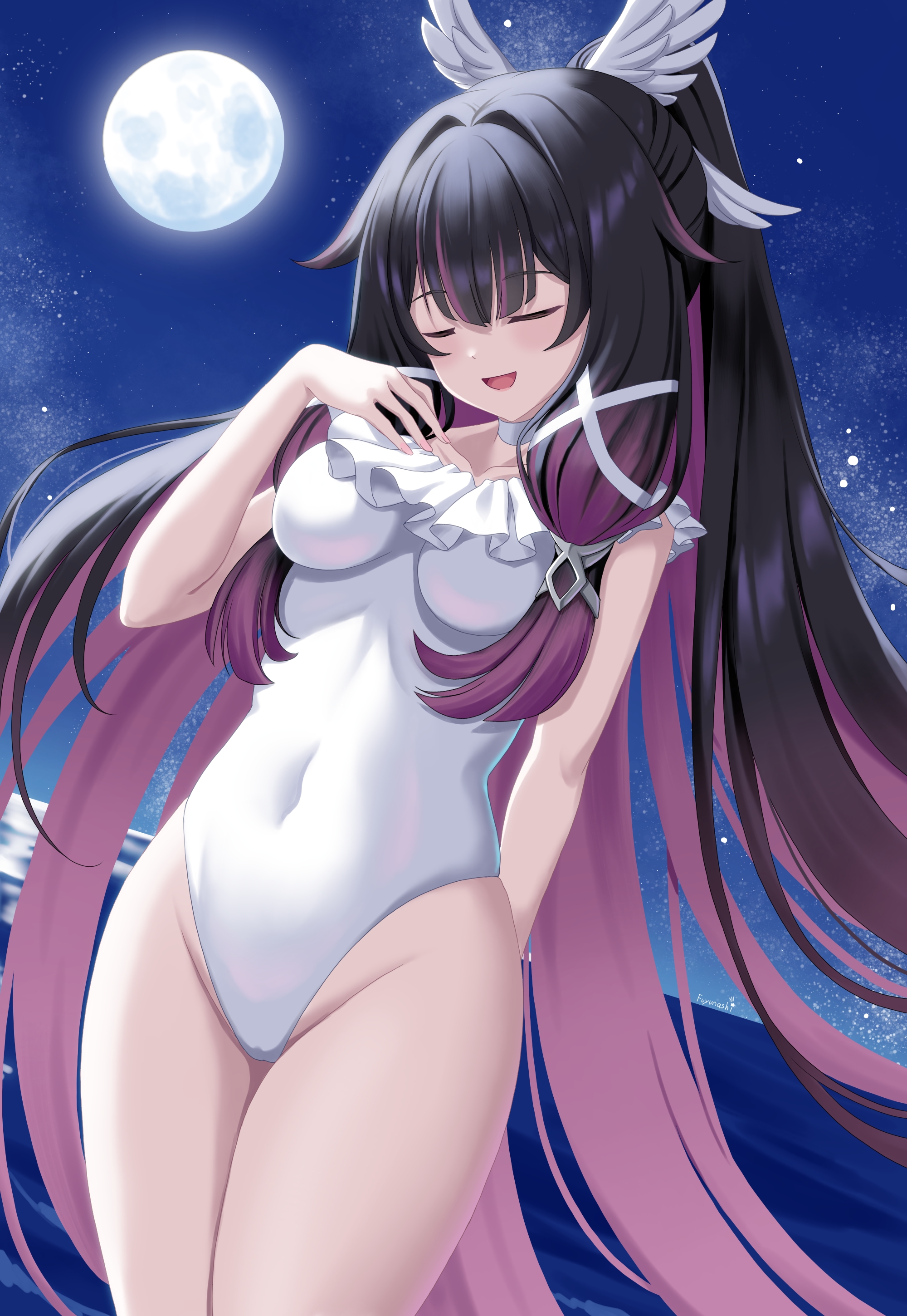 fuyunash1, columbina (genshin impact), genshin impact, absurdres, commentary request, highres, 1girl, alternate costume, arm behind back, black hair, blush, breasts, closed eyes, covered navel, full moon, hair ornament, hand up, long hair, medium breasts, moon, night, night sky, one-piece swimsuit, open mouth, outdoors, purple hair, sky, solo, swimsuit, very long hair, white one-piece swimsuit, wing hair ornament