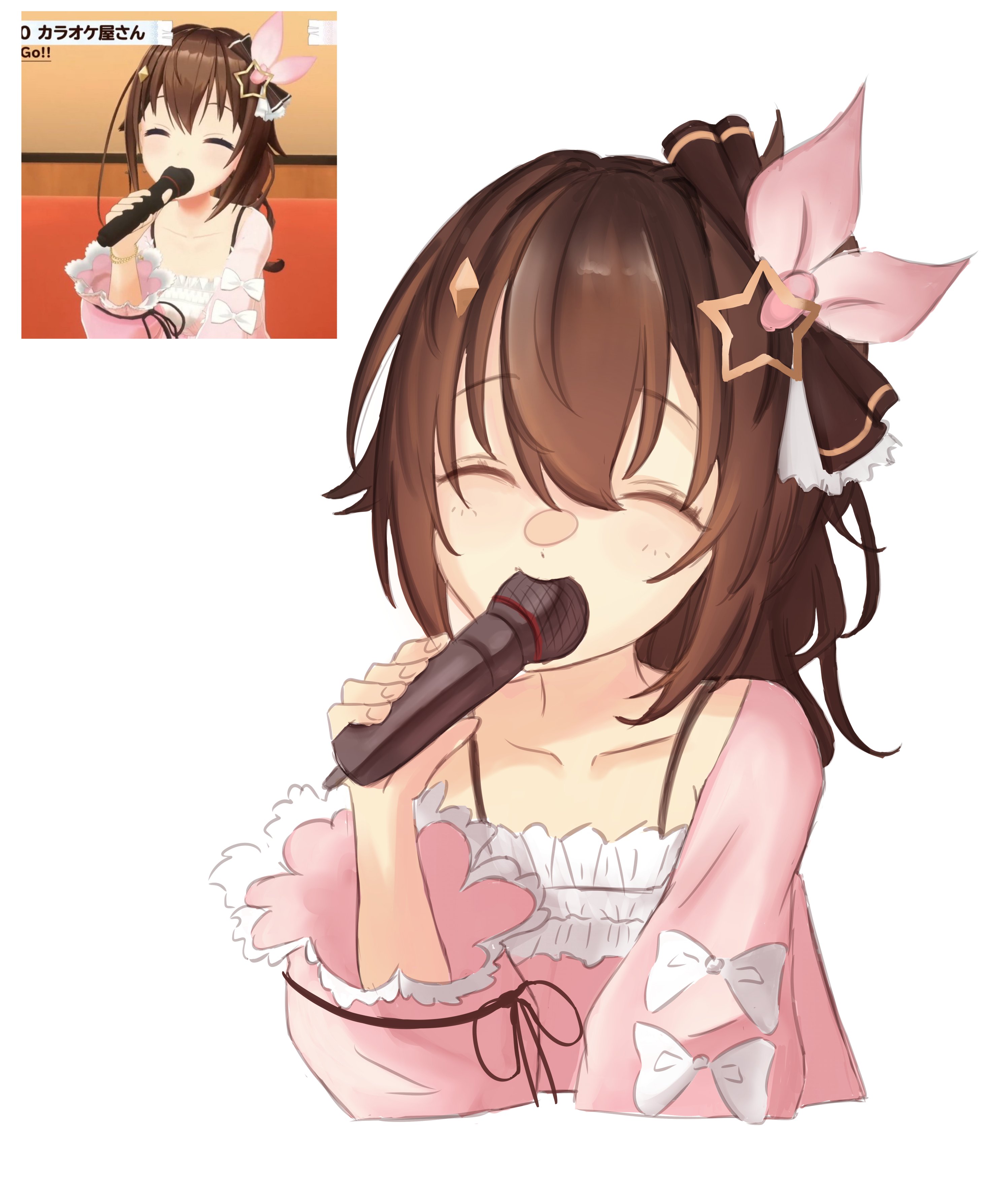 tokino sora, tokino sora (casual), hololive, absurdres, commentary, english commentary, highres, 1girl, ^ ^, biting, brown eyes, brown hair, camisole, closed eyes, diamond hair ornament, frilled camisole, frills, hair flaps, hair ornament, hair ribbon, hairclip, long hair, long sleeves, microphone, official alternate costume, official alternate hairstyle, pink ribbon, pink shirt, reference inset, ribbon, saya (sayananaaa), screenshot inset, shirt, side ponytail, solo, star (symbol), star hair ornament, virtual youtuber, white background