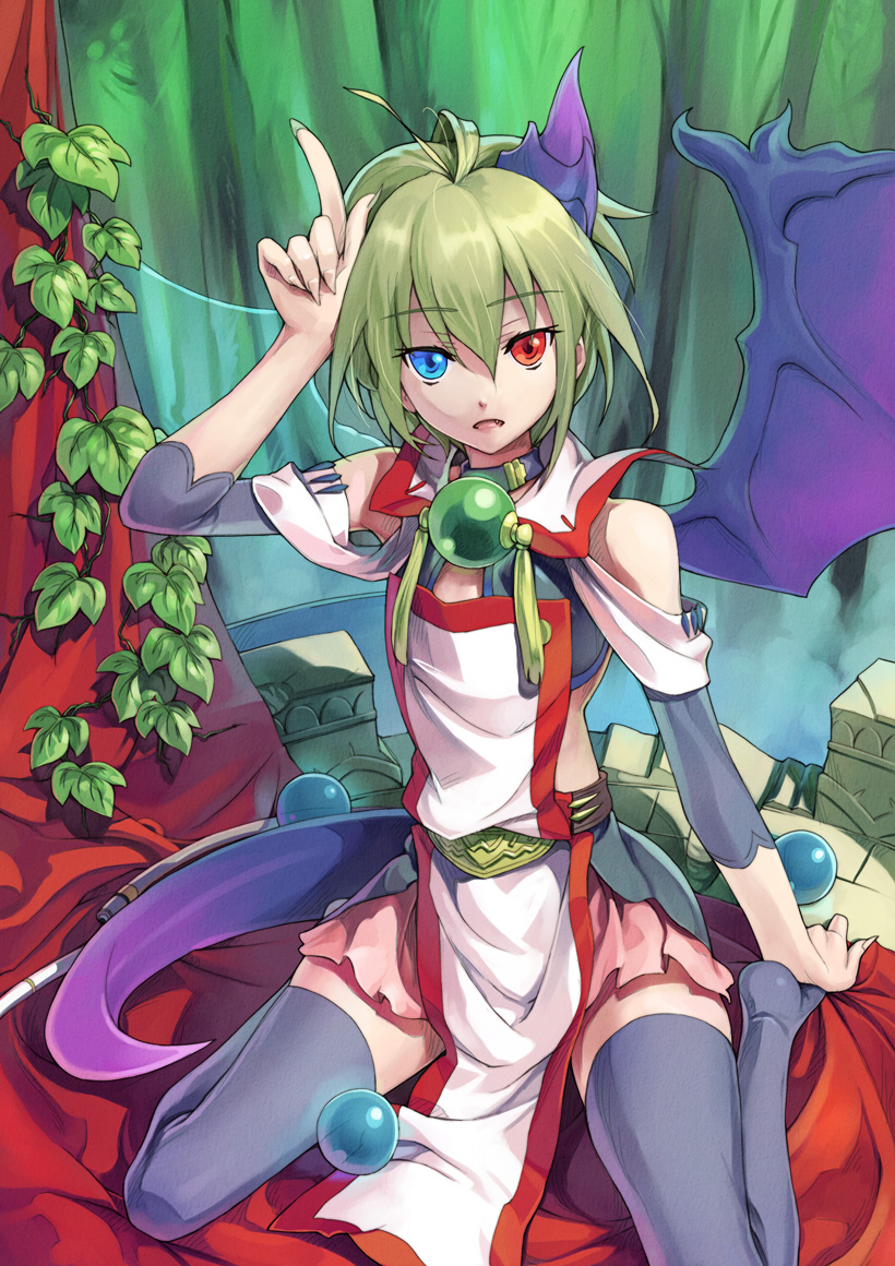 ryuutetsu, original, 1girl, asymmetrical wings, asymmetry, bare shoulders, blue eyes, fang, female focus, fingernails, green hair, heterochromia, horns, kneeling, long fingernails, looking at viewer, red eyes, short hair, single wing, sitting, skirt, solo, tail, thighhighs, wariza, wings, zettai ryouiki
