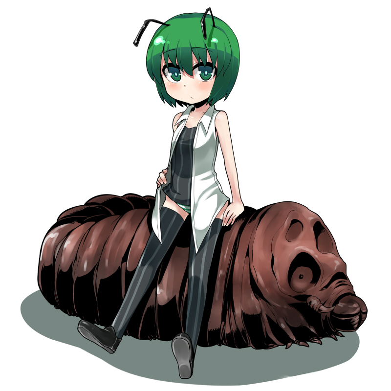hitsuji bako, mothra, wriggle nightbug, godzilla (series), touhou, 1girl, antennae, baby, bug, caterpillar, female focus, full body, green eyes, green hair, kaiju, matching hair/eyes, panties, short hair, silkworm, solo, striped clothes, striped panties, thighhighs, underwear, white background