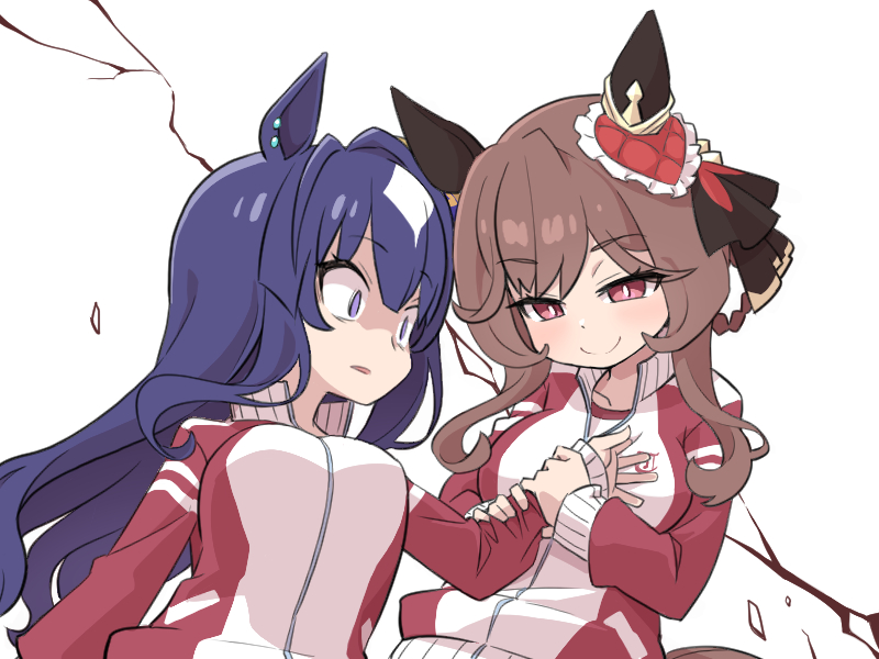 nino (ninouchi irazu), gentildonna (umamusume), verxina (umamusume), umamusume, commentary request, animal ears, blush, braid, braided hair rings, breasts, brown hair, ear covers, ear ornament, hair between eyes, hair ornament, hair rings, heart-shaped ornament, heart ear ornament, horse ears, horse girl, horse tail, large breasts, long hair, multiple girls, red eyes, school uniform, simple background, single ear cover, smile, strong, tail, tracen school uniform, tracen training uniform, white background