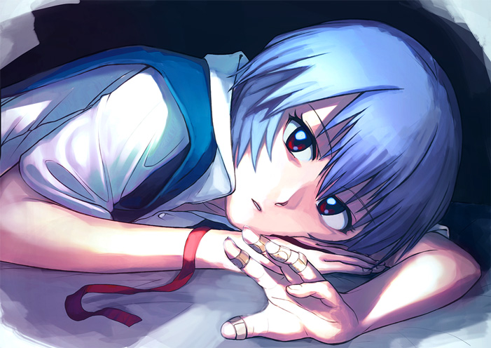dackq, ayanami rei, neon genesis evangelion, bad id, bad pixiv id, 1girl, bandaid, bandaid on hand, blue hair, female focus, red eyes, school uniform, short hair, solo, upper body
