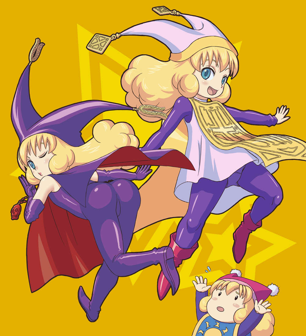 kt, bishop (seiken densetsu 3), charlotte (seiken densetsu 3), evil shaman, seiken densetsu, seiken densetsu 3, square enix, bad id, bad pixiv id, ass, bishop (class), blonde hair, blue eyes, chibi, multiple persona, panties, pantyshot, star (symbol), underwear