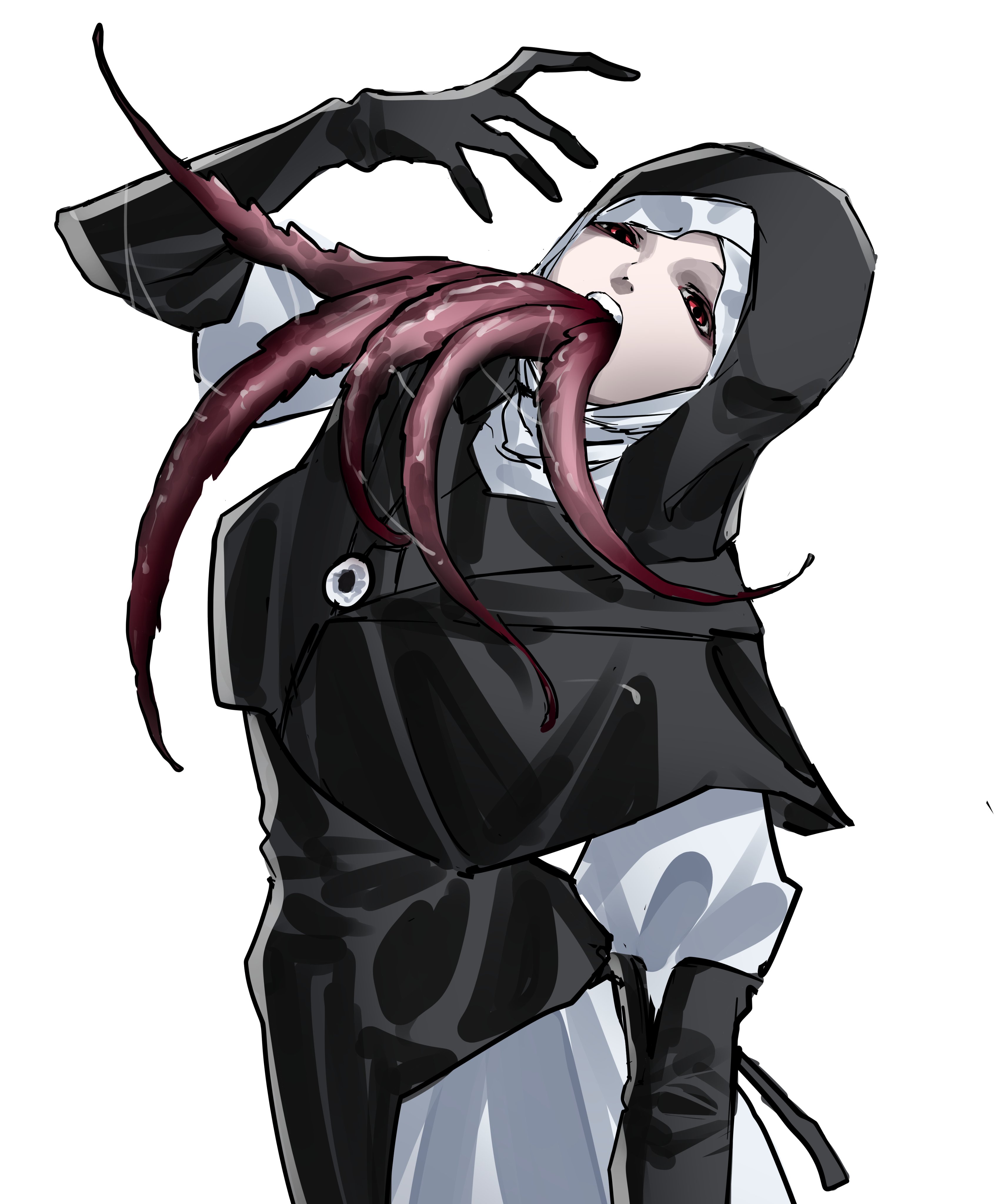 yazu (zoddiacz), undertaker (elden ring), elden ring, elden ring nightreign, absurdres, commentary, english commentary, highres, 1girl, black bodice, black capelet, black gloves, black hood, capelet, dress, gloves, hand up, jewelry, mace, mouth tentacles, necklace, nun, red eyes, saliva, solo, tentacles, upper body, weapon, white background, white dress