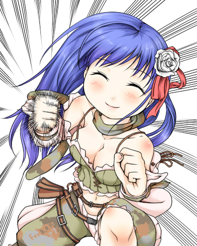 haty, ranger (ragnarok online), ragnarok online, commentary request, lowres, 1girl, blue hair, blush, bra strap, breasts, camouflage, camouflage scarf, camouflage shorts, cleavage, clenched hand, closed eyes, closed mouth, flower, green scarf, green shorts, green tube top, hair flower, hair ornament, incoming attack, incoming punch, long hair, medium breasts, navel, punching, rose, scarf, shorts, smile, solo, strapless, tube top, white background, white flower, white rose