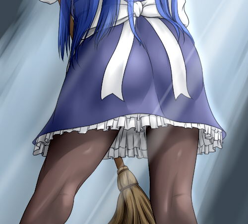 haty, alice (ragnarok online), ragnarok online, commentary request, lowres, 1girl, ass, back bow, blue dress, blue hair, bow, broom, brown pantyhose, dress, frilled dress, frills, from behind, grey background, holding, holding broom, long hair, lower body, pantyhose, solo, white bow