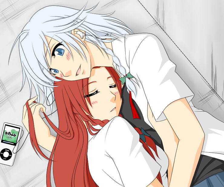 neko majin, hong meiling, izayoi sakuya, touhou, silver hair, 2girls, alternate costume, blue eyes, braid, contemporary, couple, cuddling, earphones, female focus, head rest, ipod, ipod nano, ipod nano 4g, long hair, mp3 player, multiple girls, red hair, short hair, yuri