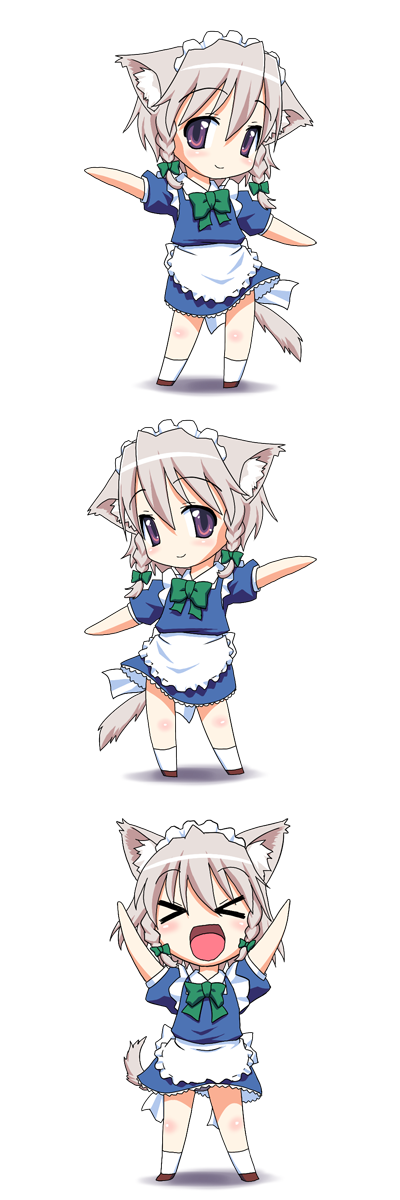 fumotono mikoto, inu sakuya (nejikirio), izayoi sakuya, touhou, highres, long image, tall image, > <, > <, 1girl, :d, animal ears, blush, chibi, closed eyes, dog ears, dog tail, female focus, kemonomimi mode, kyu kyu kyu nyaa, maid, maid headdress, open mouth, outstretched arms, purple eyes, ribbon, smile, spread arms, standing, tail, xd