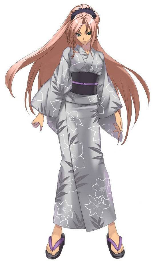 nakamura tatsunori, anesha, cross edge, official art, 1girl, alternate costume, feet, female focus, floral print, full body, green eyes, japanese clothes, kimono, long hair, obi, parted bangs, pink hair, ponytail, sandals, sash, scrunchie, simple background, smile, solo, standing, very long hair, white background, yukata