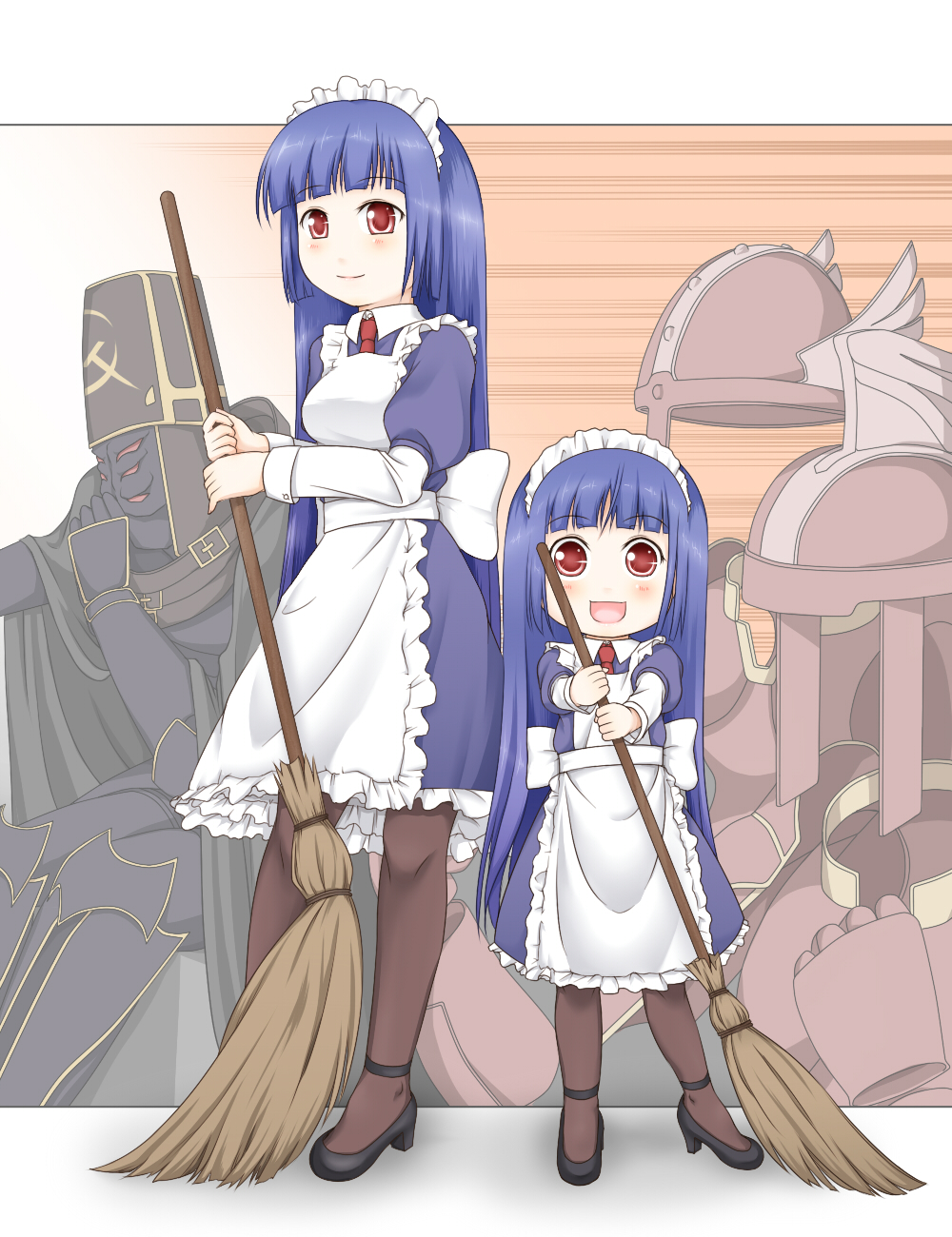 haty, abysmal knight, alice (ragnarok online), raydric, raydric archer, ragnarok online, commentary request, highres, 1boy, 2girls, aged down, apron, black shoes, blue dress, blue hair, blunt bangs, blush, broom, brown pantyhose, closed mouth, dress, dual persona, frilled dress, frills, full body, gaijin 4koma (meme), holding, holding broom, layered sleeves, living armor, long hair, long sleeves, looking at viewer, maid, maid headdress, meme, multiple girls, necktie, open mouth, pantyhose, red eyes, red necktie, shoes, short over long sleeves, short sleeves, smile, standing, white apron