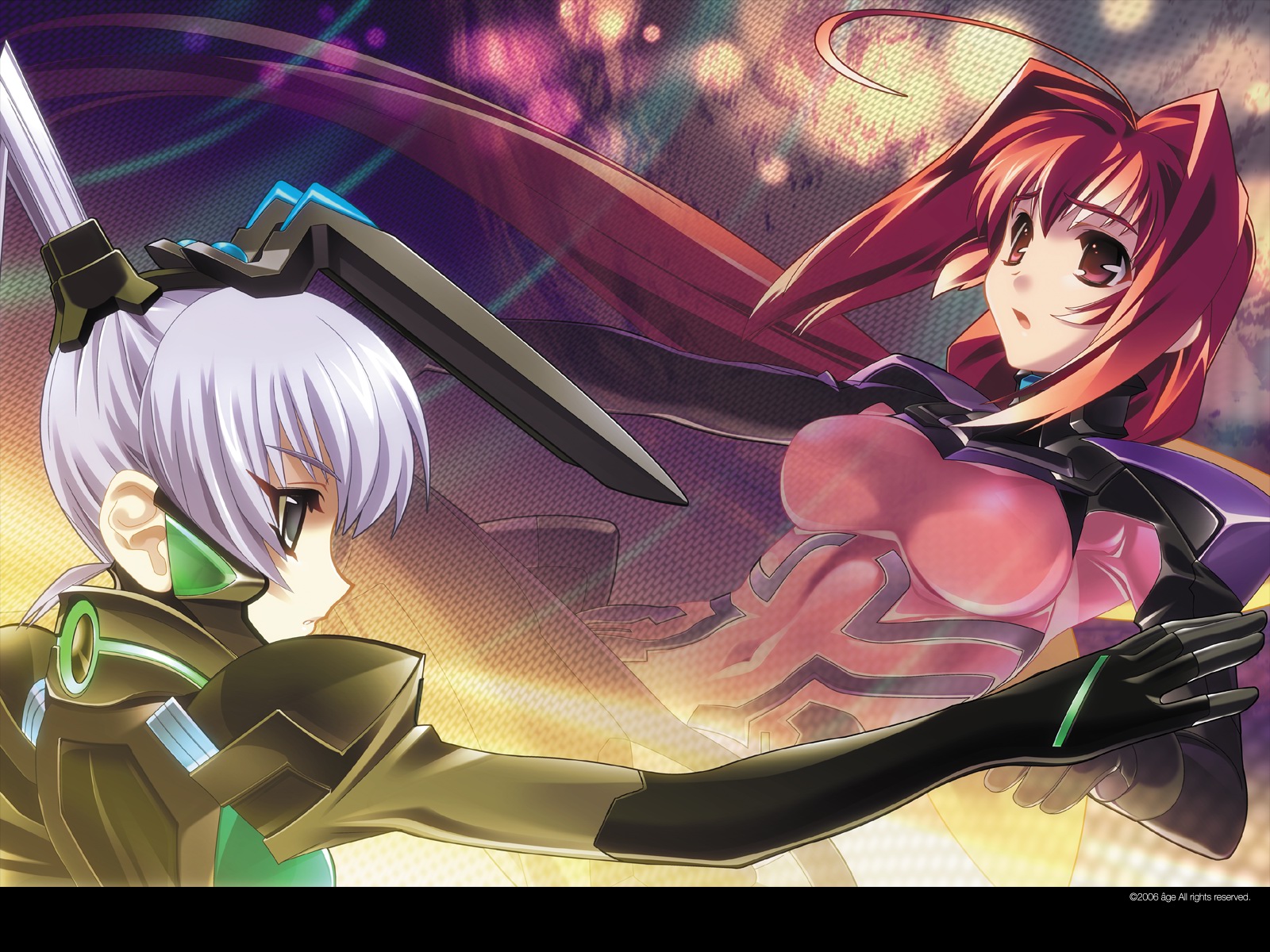 bou (inubou), kagami sumika, yashiro kasumi, muv-luv, muv-luv alternative, pilot suit, silver hair, highres, non-web source, official art, official wallpaper, source request, 2girls, :o, ahoge, bodysuit, breasts, company name, covered navel, dated, expressionless, floating hair, fortified suit, gloves, grey eyes, hair intakes, halftone, headgear, long hair, looking to the side, low ponytail, mecha pilot suit, multiple girls, open mouth, outstretched arm, ponytail, profile, purple hair, red eyes, red hair, small breasts, upper body, very long hair
