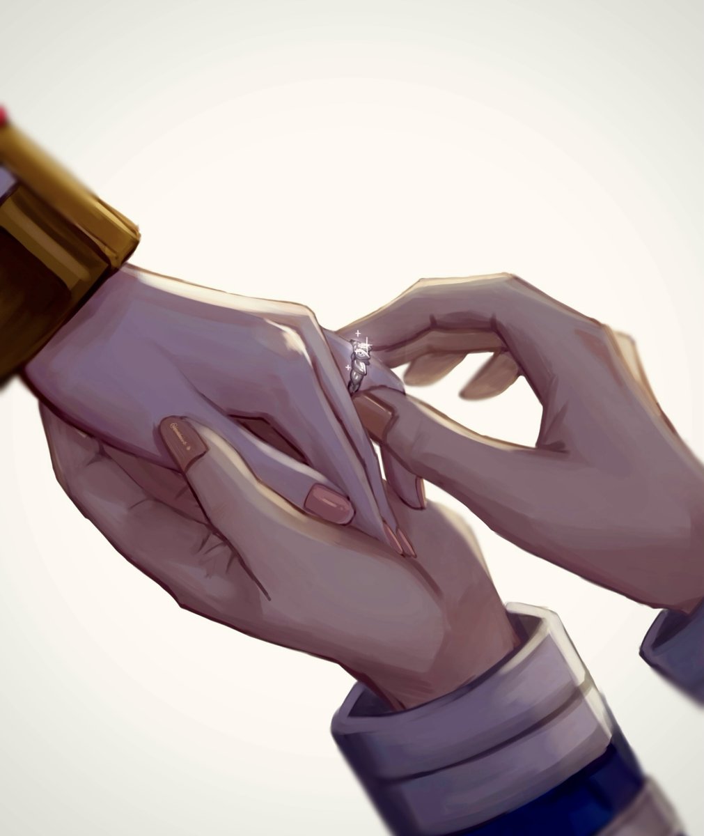 bai mei, frieren, himmel (sousou no frieren), sousou no frieren, silver ring, commentary request, highres, 1boy, 1girl, blue jacket, couple, fingernails, gem, gold trim, hand focus, hetero, holding hands, jacket, jewelry, red gemstone, ring, simple background, sparkle, white jacket, white trim