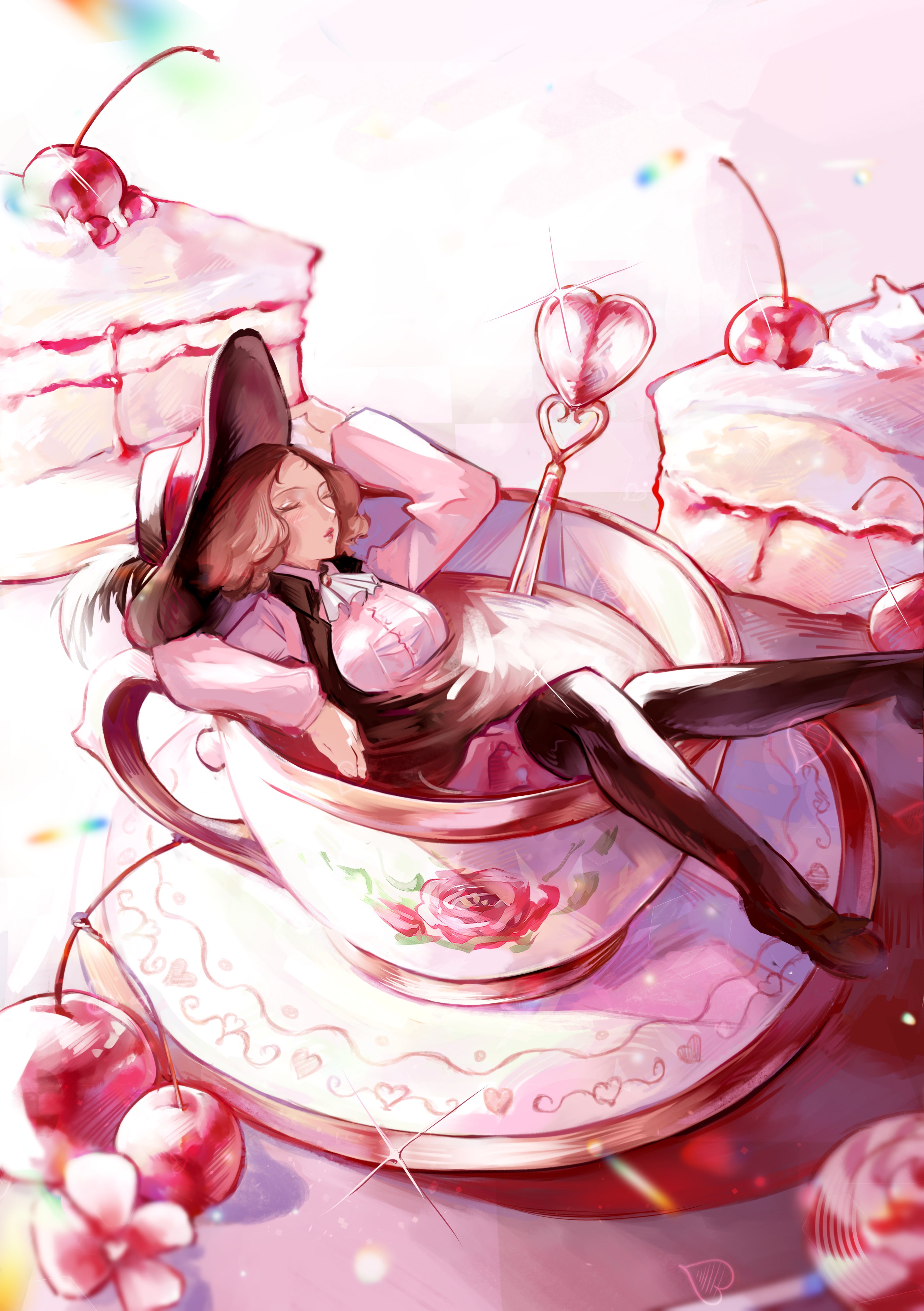 junoracle, okumura haru, persona, persona 5, fluffy hair, absurdres, hashtag-only commentary, highres, 1girl, breasts, brown hair, cake, cherry, closed eyes, cup, food, fruit, gloves, hat, hat feather, heart, long sleeves, open mouth, pantyhose, short hair, solo, tea, teacup