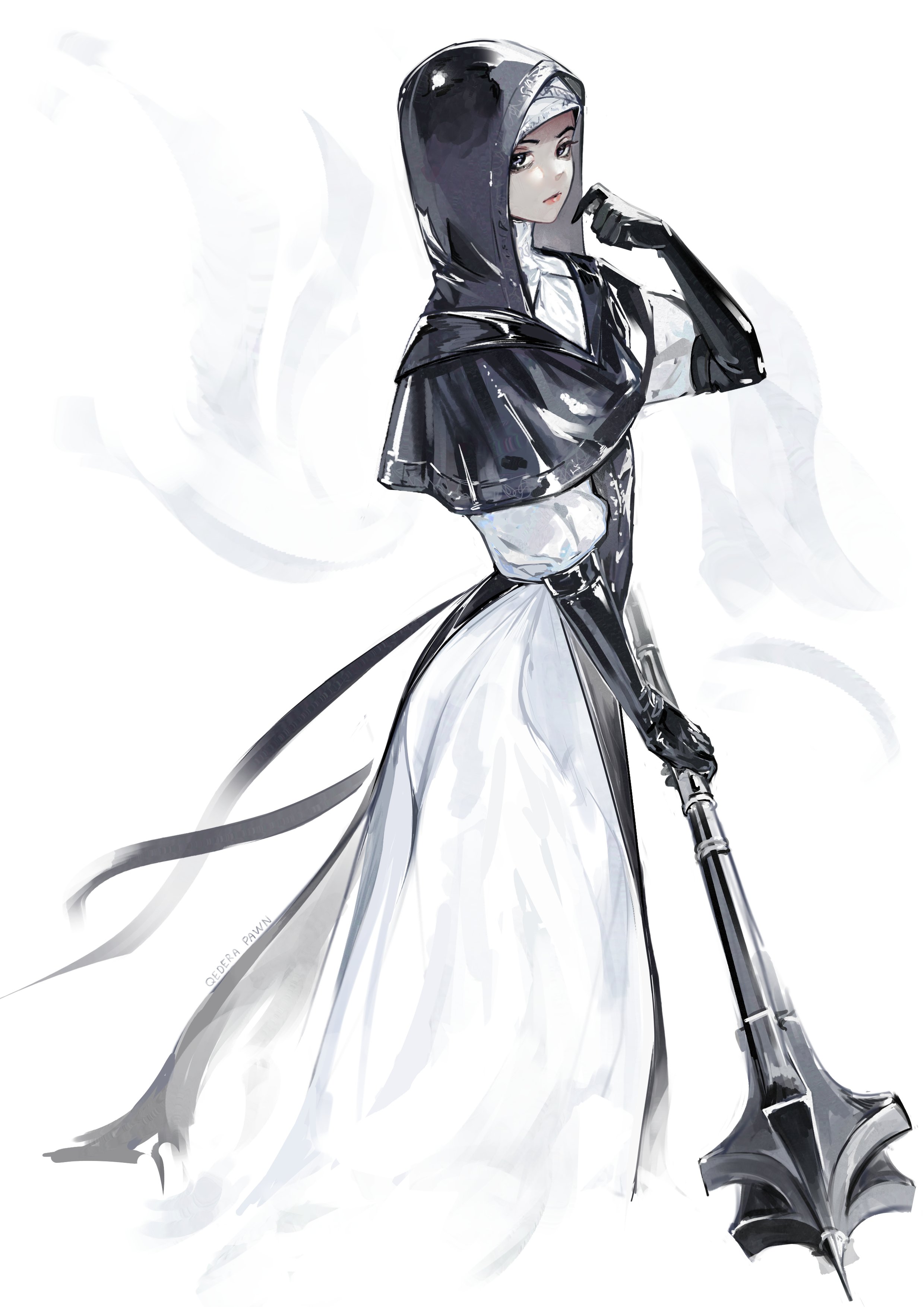 qederapawn, undertaker (elden ring), elden ring, elden ring nightreign, absurdres, highres, 1girl, black bodice, black capelet, black gloves, black hood, capelet, dress, flanged mace, from side, gloves, hand up, holding, holding mace, holding weapon, looking at viewer, mace, solo, weapon, white background, white coif, white dress