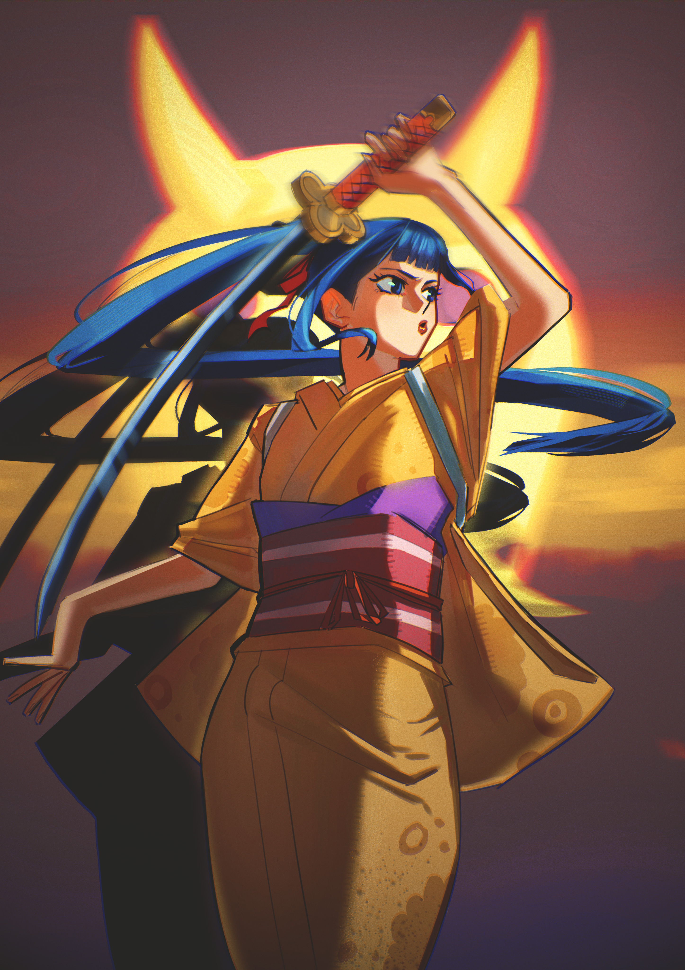shabexzart, kikunojo (one piece), one piece, absurdres, commentary, english commentary, highres, 1girl, blue hair, blunt bangs, cowboy shot, floating hair, holding, holding sword, holding weapon, japanese clothes, kimono, looking to the side, obi, red lips, sash, sidelocks, solo, sword, weapon, wide sleeves, yellow kimono