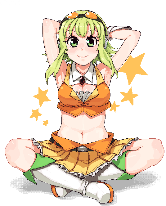 rkrk, gumi, vocaloid, bad id, bad pixiv id, 1girl, armpits, blush, boots, breasts, cleavage, crossed legs, female focus, full body, goggles, green eyes, green hair, indian style, matching hair/eyes, midriff, oekaki, short hair, sitting, skirt, smile, solo, white background