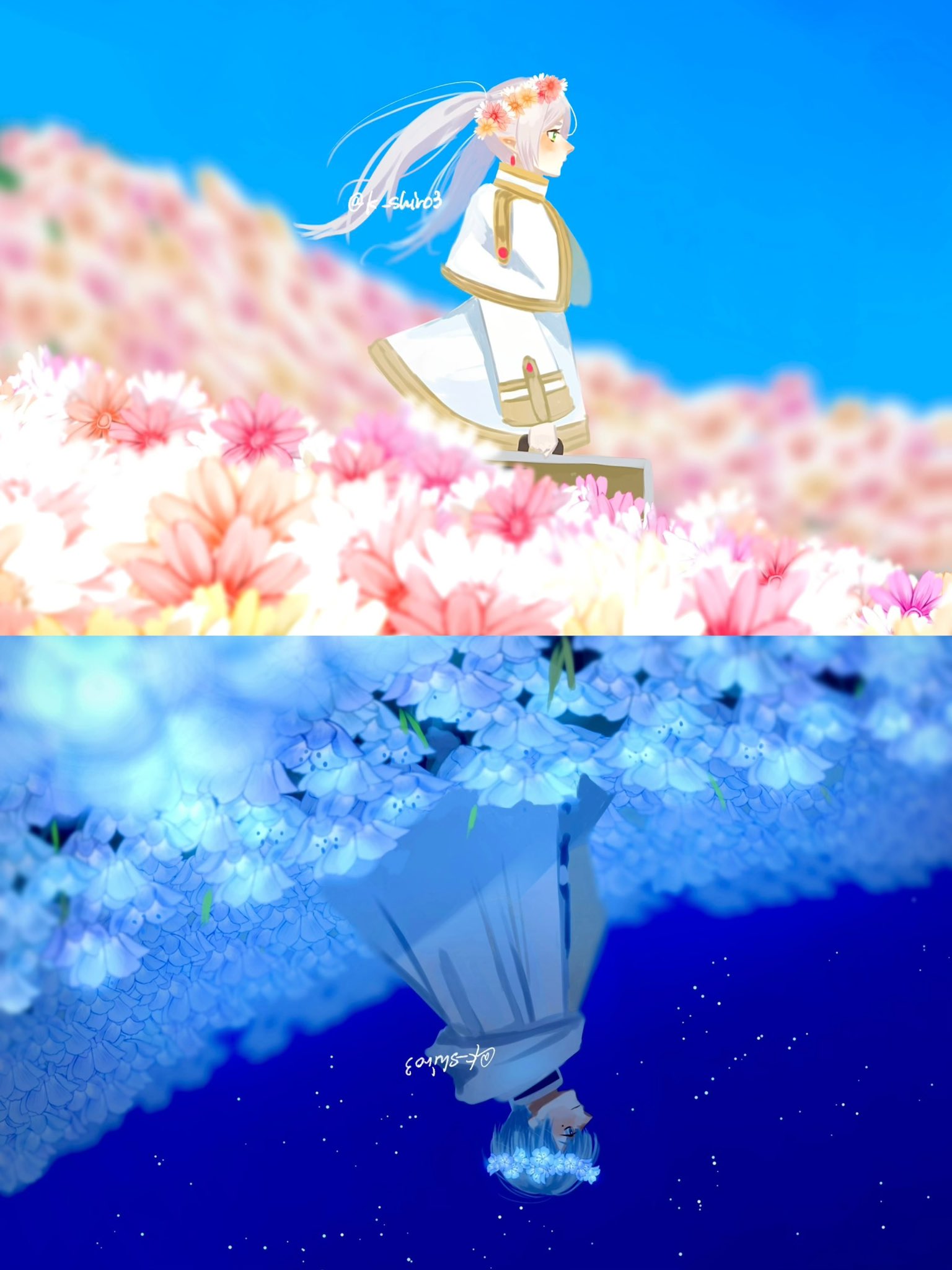 bai mei, frieren, himmel (sousou no frieren), sousou no frieren, hashtag-only commentary, highres, 1boy, 1girl, blue flower, blue hair, blue jacket, blue sky, capelet, cloak, earrings, elf, field, flower, flower field, gem, gold trim, grey hair, hair between eyes, head wreath, holding, holding suitcase, jacket, jewelry, long hair, meadow, outdoors, pink flower, pointy ears, red gemstone, short hair, skirt, sky, star (sky), starry sky, suitcase, twintails, upper body, white capelet, white cloak, white jacket, white skirt