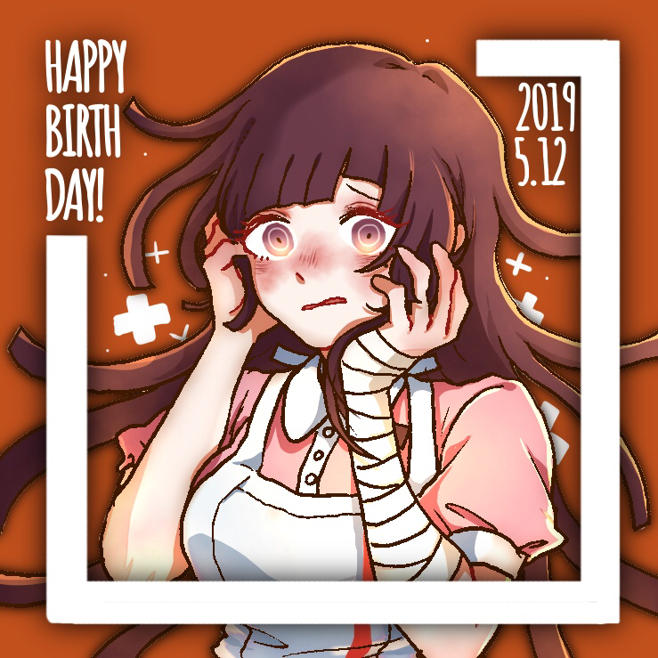 kiri (2htkz), tsumiki mikan, danganronpa (series), danganronpa 2: goodbye despair, commentary request, 1girl, apron, bandaged arm, bandages, blush, collared shirt, dated, eyelashes, hands on own face, happy birthday, long hair, open mouth, pink shirt, purple eyes, purple hair, red background, shirt, short sleeves, solo, upper body, white apron