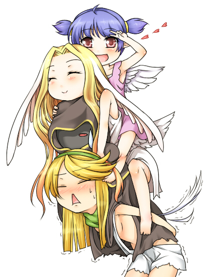 haty, baroness of retribution, mistress of shelter, ragnarok online, commentary request, 1boy, 3girls, blonde hair, blue hair, blush, closed eyes, dame of sentinel, dress, feathered wings, green hair, head wings, human tower, lady solace, long hair, looking at viewer, multiple girls, nose blush, open mouth, pink eyes, purple dress, short hair, shorts, simple background, smile, stacking, trap, two side up, white background, white dress, white shorts, white wings, wings