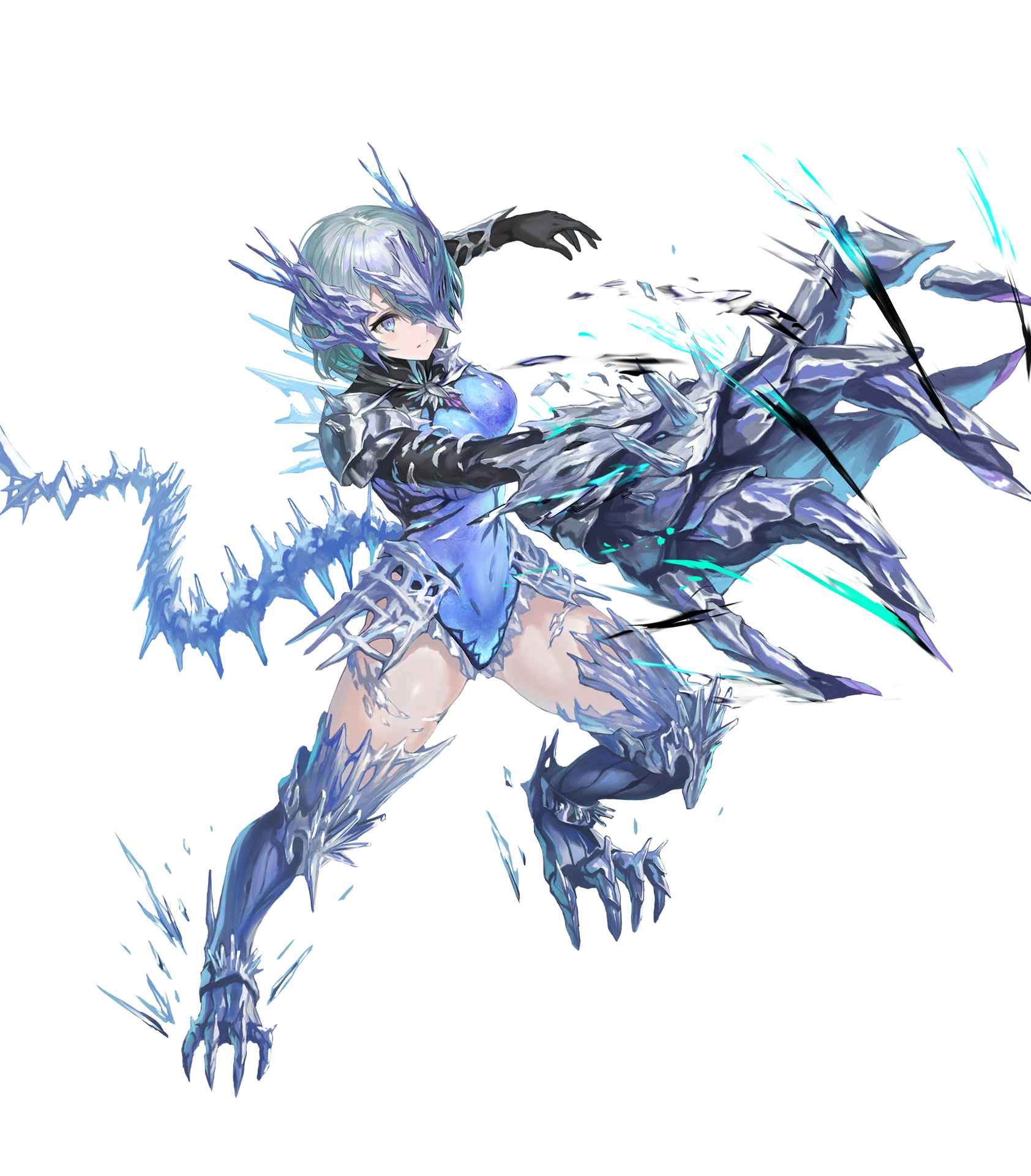 fimbulvetr (fire emblem), fire emblem, fire emblem heroes, nintendo, highres, non-web source, official art, 1girl, asymmetrical gloves, attack, black gloves, blue eyes, blue gloves, blue leotard, breasts, claws, eye mask, facial hair, gloves, half eye mask, high heels, large breasts, leotard, mask, mismatched gloves, partial transformation, short hair, solo, tail, white hair