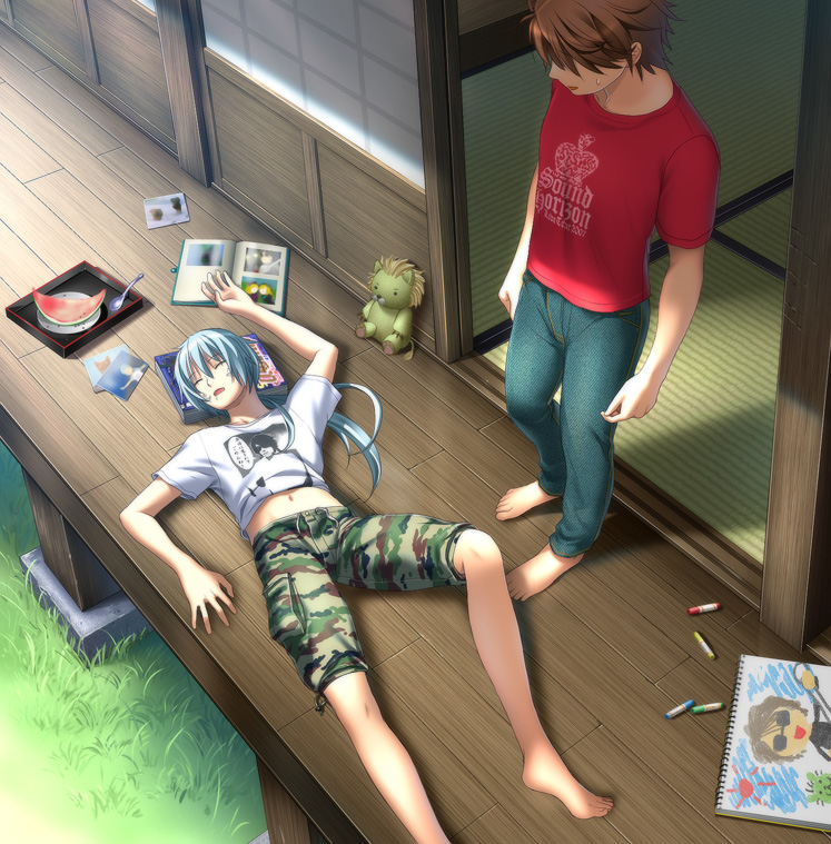 isobe, hiver laurant, revo, roman (sound horizon), sound horizon, bad id, bad pixiv id, 2boys, barefoot, blue hair, book, brown hair, closed eyes, crayon, denim, feet, food, fruit, grass, jeans, lying, midriff, multiple boys, navel, outdoors, pants, ponytail, sleeping, stuffed animal, stuffed lion, stuffed toy, toes, watermelon