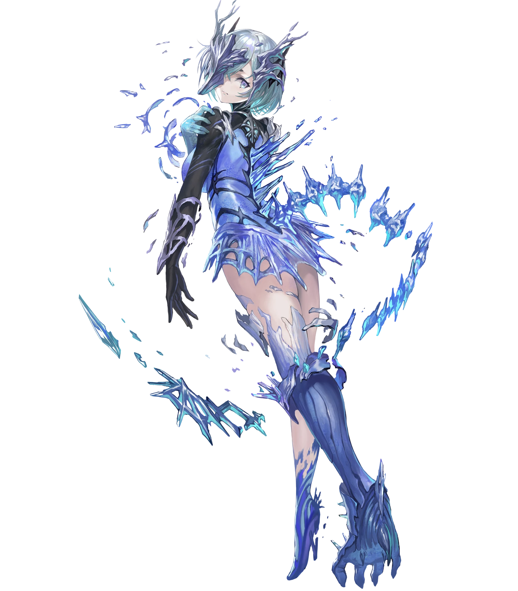 fimbulvetr (fire emblem), fire emblem, fire emblem heroes, nintendo, highres, non-web source, official art, 1girl, asymmetrical gloves, black gloves, blue eyes, blue gloves, blue leotard, breasts, damaged, eye mask, facial hair, gloves, half eye mask, high heels, large breasts, leotard, mask, mismatched gloves, short hair, solo, tail, torn clothes, white hair