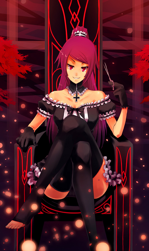 ochakai shin'ya, senjougahara hitagi, bakemonogatari, monogatari (series), bad id, bad pixiv id, 00s, 1girl, bare shoulders, barefoot, black thighhighs, chair, cross, crossed legs, feet, female focus, frills, gloves, gothic lolita, grin, legs, light particles, lolita fashion, ponytail, purple eyes, purple hair, scissors, sitting, smile, smirk, solo, thighhighs, throne, toeless legwear, toes