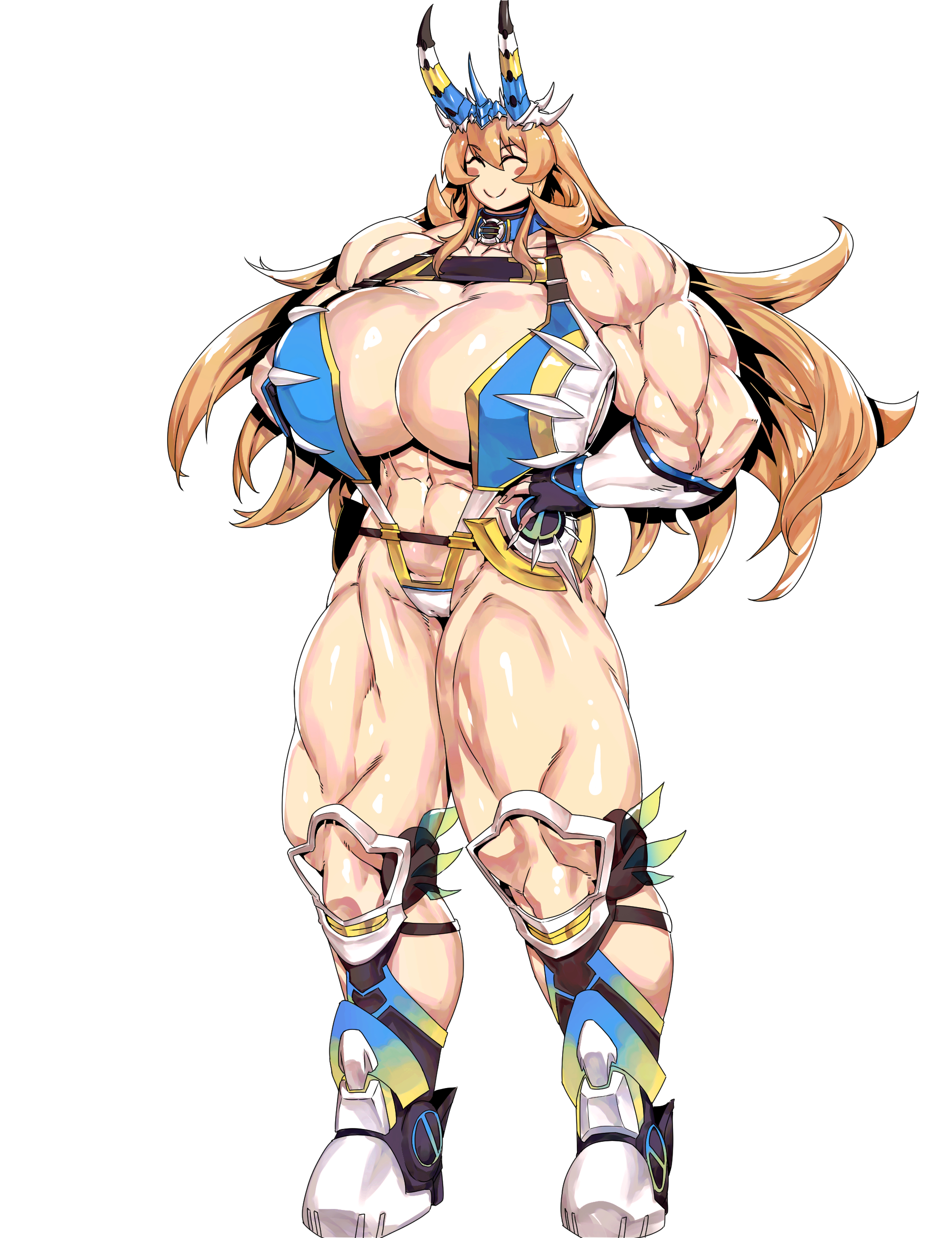 minew, barghest (fate), barghest (swimsuit archer) (third ascension) (fate), fate/grand order, fate (series), absurdres, commentary, english commentary, highres, 1girl, abs, bare shoulders, biceps, blonde hair, blush, boots, breasts, cleavage, closed eyes, elbow gloves, fingerless gloves, full body, gloves, horns, huge breasts, long hair, muscular, muscular female, navel, slingshot swimsuit, smile, solo, swimsuit, thick thighs, thighs