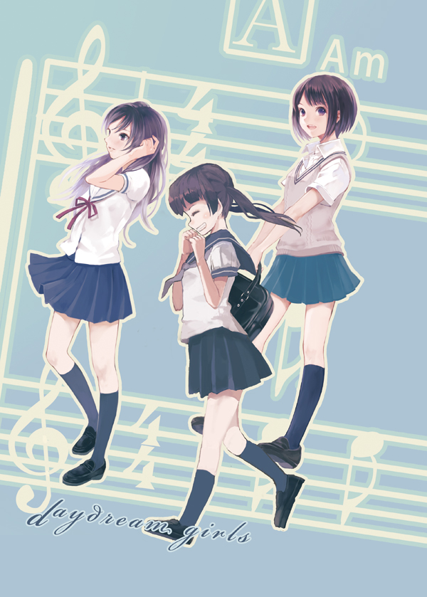 fukahire (ruinon), original, bad id, bad pixiv id, 3girls, bag, brown eyes, brown hair, multiple girls, musical note, school uniform, skirt, sweater vest